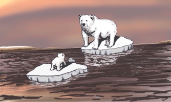 A mother polar bear looks on at her cub as they are separated by melting ice caps.