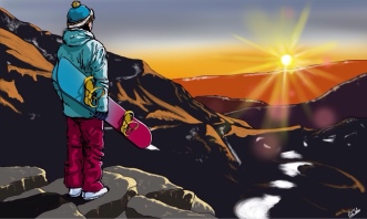 A frustrated snowboarder looking out at the Alps with no snow.